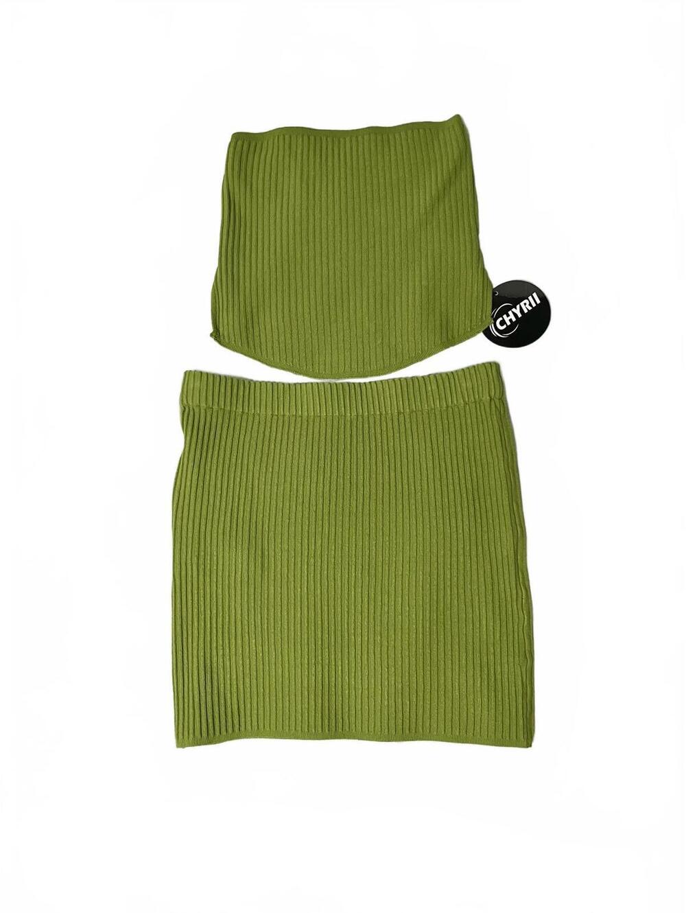 NWT Green Ribbed Knit Co-ord Two Piece Set, Y2K Bodycon Tube Top Festival Wear